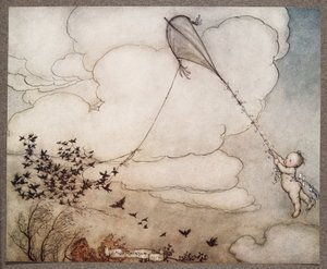 Cien volaron con la cuerda, y Peter se aferró a la cola, de Peter Pan en los jardines de Kensington de J. M. Barrie (1860 - 1937), pub. 1906 de Arthur Rackham